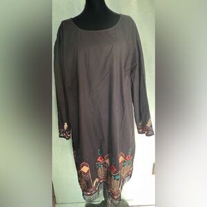 Black Tunic/Dress with Colorful Embroidery and Fringe